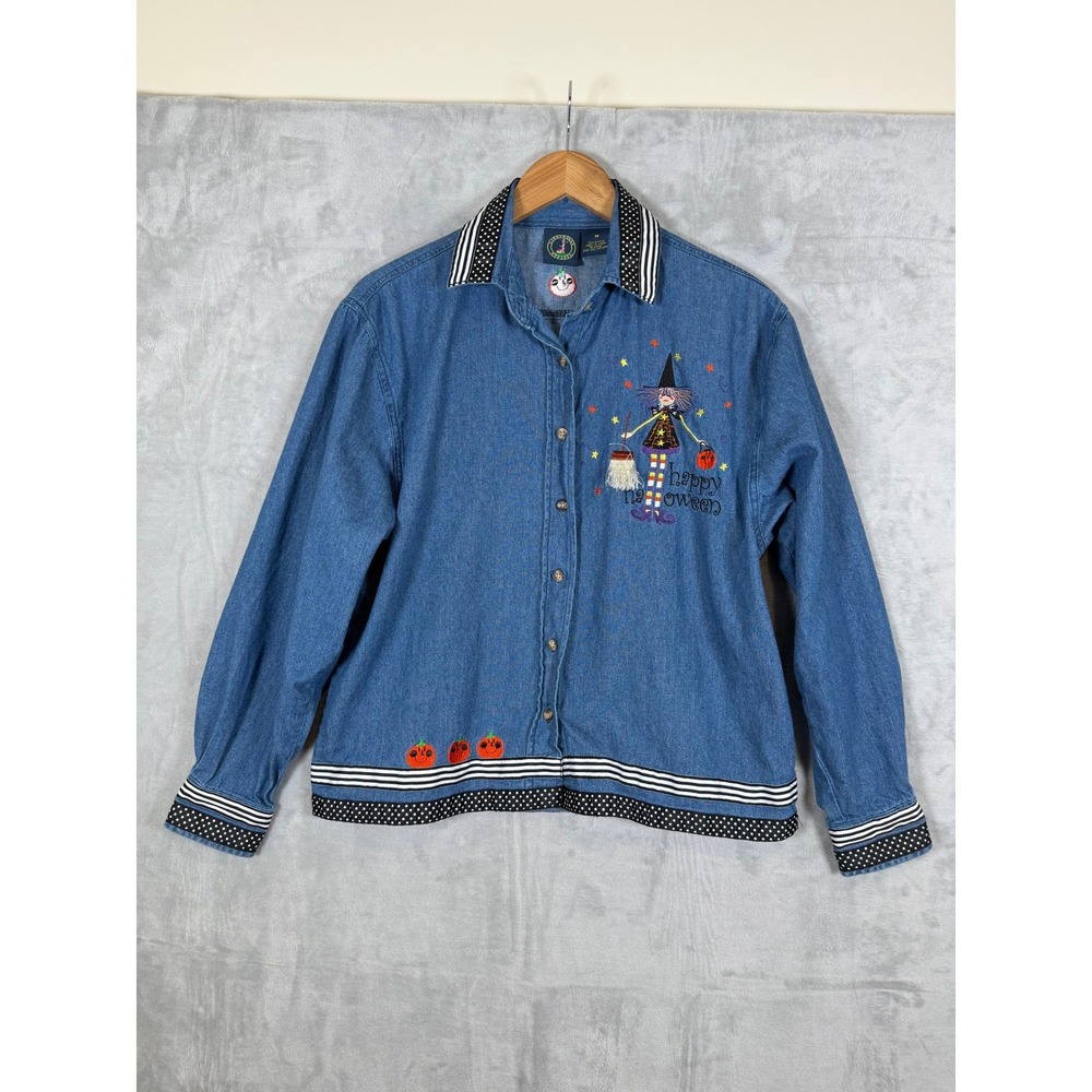 Lighthouse Apparel Halloween Denim Button Up Shirt Size M Blue Witch Pumpkin